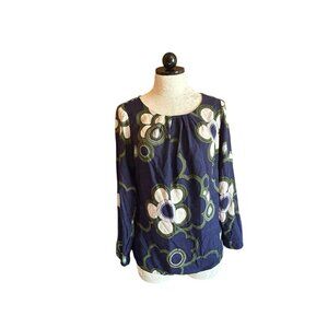 Boden Blouse Pullover Top Long Sleeve SILK Blend Blue Floral Blouse US Sz 10
